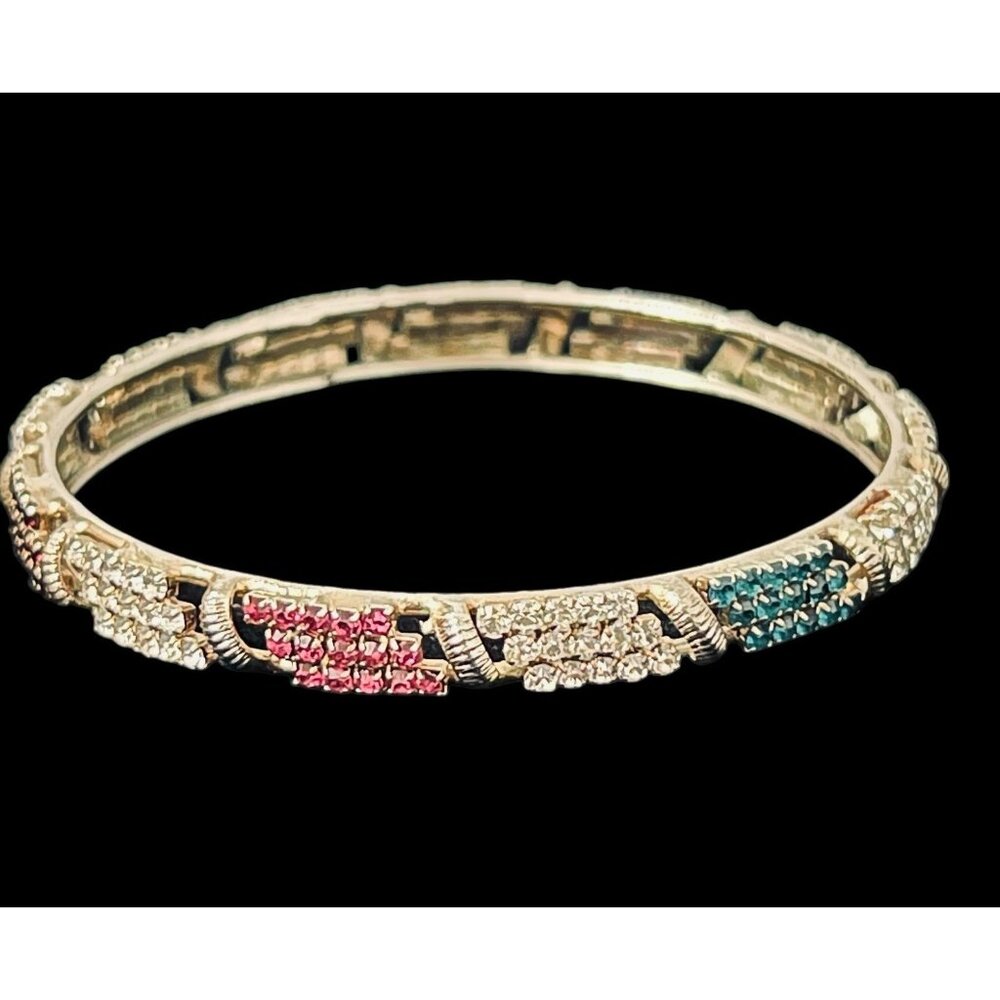 Art Deco Style Rhinestone Bangle Bracelet Gold Tone Multicolor Solid Unsigned
